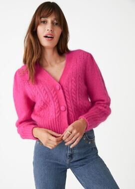 Paris Atelier & Other Stories bright pink cable knit cardigan Wool Mohair small